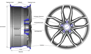 Technische Zeichnung einer Felge mit Beschriftungen wie Lochkreisdurchmesser, Einpresstiefe und Maulweite. Hilft bei der Auswahl, welche Felgen passen auf mein Auto.