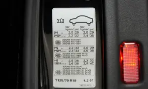 Reifendruck tabelle für verschiedene Reifengrößen und Beladungen. Zeigt bar, kg/cm² und psi an.