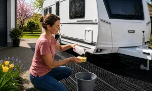 Frau bereitet Glaskeramik-Versiegelung für Wohnmobil vor. Sie gibt Reiniger auf einen Schwamm.