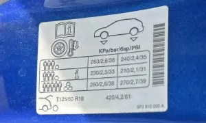 Aufkleber mit Reifendruck-Angaben für einen Golf 7. Zeigt verschiedene Beladungszustände und die empfohlenen Werte in KPa, bar und PSI.