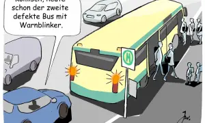 Ein gelber Bus mit Warnblinker hält an einer Bushaltestelle. Leute steigen ein. Ein Autofahrer fragt sich, ob man an Bushaltestellen halten darf.