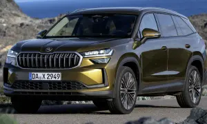 Goldener Skoda Kodiaq parkt am Meer. Trotz seines schicken Designs gibt es Berichte über Skoda Kodiaq Probleme.