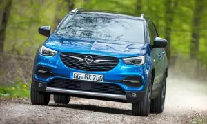 Blauer Opel Grandland X fährt auf einem Feldweg durch grünen Wald.