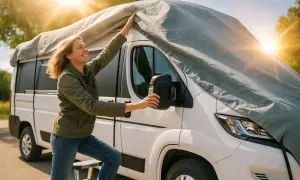 Frau schützt ihr Wohnmobil mit einer GFK-Abdeckung vor der Sonne.
