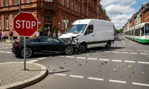 Unfall nach Vorfahrt genommen: Ein schwarzer Sportwagen und ein weißer Lieferwagen sind kollidiert. Trümmerteile liegen auf der Straße.