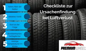 Checkliste: Reifen verliert langsam Luft durch Alter, defektes Ventil, Felgenrost, Schäden oder Kälte.
