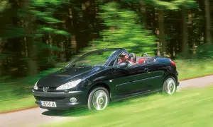 Schwarzer Peugeot 206 CC fährt offen durch grünen Wald. Bekannte peugeot 206 cc schwachstellen sind hier nicht sichtbar.
