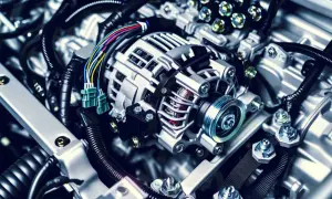 Detailaufnahme einer Lichtmaschine im Motorraum. Mögliche Ursachen für Probleme: Lichtmaschine defekt oder Batterie leer.