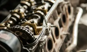 Detailaufnahme eines Motors mit Nockenwelle und Steuerkette. Möglicherweise die Ursache, warum das auto vibriert beim fahren.