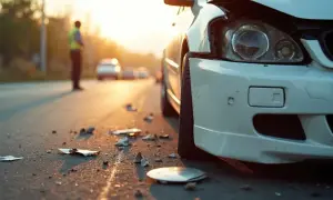 Beschädigtes Auto am Straßenrand, Trümmer auf dem Asphalt. Ein Mann in Warnweste steht im Hintergrund. Ein Albtraum für jeden Fahranfänger in der Probezeit.