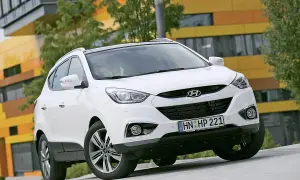 Weißer Hyundai ix35 vor moderner Architektur. Mögliche Hyundai ix35 Probleme werden hier nicht gezeigt.