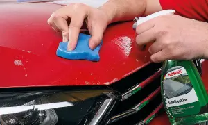 Mit blauer Knete und Sprühflasche wird der rote Autolack für das polieren mit Flex vorbereitet.