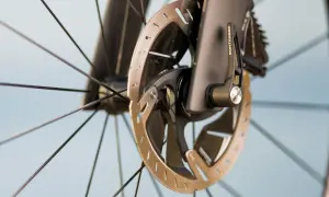 Nahaufnahme eines Fahrradrades mit verglasten Bremsen und Bontrager-Schnellspanner.