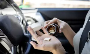 Frau nimmt Ibuprofen im Auto ein. Vorsicht beim Autofahren nach Medikamenteneinnahme.