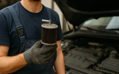 Mechaniker hält einen stark verschmutzten Kraftstofffilter in der Hand, der auf einen verstopften Kraftstofffilter hindeutet.