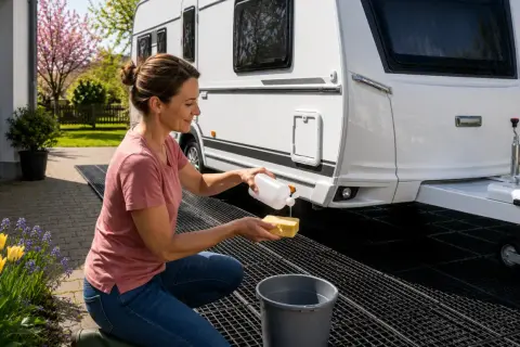 Frau bereitet Glaskeramik-Versiegelung für Wohnmobil vor. Sie gibt Reiniger auf einen Schwamm.