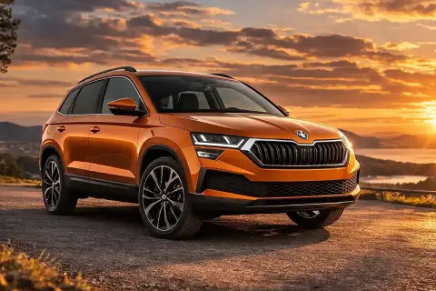 Orange Skoda Karoq 1.5 TSI SUV bei Sonnenuntergang. Trotz der schönen Kulisse gibt es Berichte über Skoda Karoq 1.5 TSI Probleme.