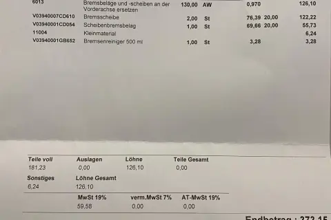 Rechnung für Bremsenwechsel bei Mercedes: Teile und Lohnkosten. Was kostet Bremsen wechseln bei Mercedes? Hier die Details.