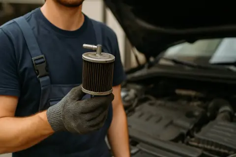 Mechaniker hält einen stark verschmutzten Kraftstofffilter in der Hand, der auf einen verstopften Kraftstofffilter hindeutet.