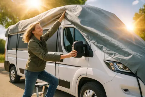 Frau schützt ihr Wohnmobil mit einer GFK-Abdeckung vor der Sonne.