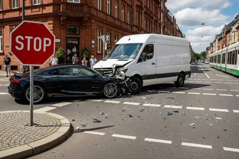 Unfall nach Vorfahrt genommen: Ein schwarzer Sportwagen und ein weißer Lieferwagen sind kollidiert. Trümmerteile liegen auf der Straße.