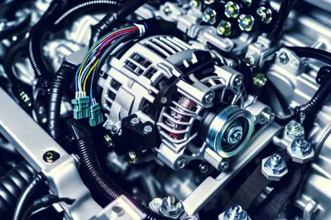 Detailaufnahme einer Lichtmaschine im Motorraum. Mögliche Ursachen für Probleme: Lichtmaschine defekt oder Batterie leer.