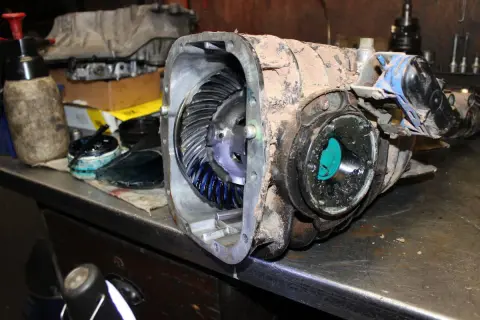Zerlegtes Differential mit Zahnrädern und Fett. Ein Blick auf die Teile, die für das Getriebe wechseln Kosten relevant sind.