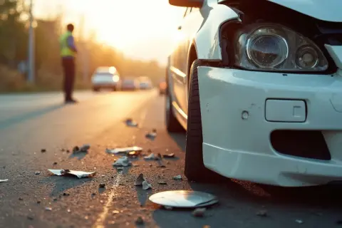 Beschädigtes Auto am Straßenrand, Trümmer auf dem Asphalt. Ein Mann in Warnweste steht im Hintergrund. Ein Albtraum für jeden Fahranfänger in der Probezeit.