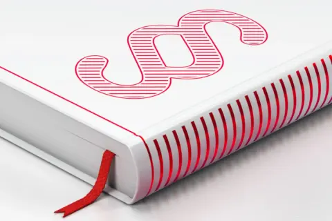 Ein weißes Buch mit rotem Paragraphenzeichen und rotem Lesezeichen. Die Seitenkanten sind ebenfalls rot gestreift. Ein Symbol für Gesetze und Regeln.