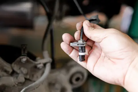 Hand hält ABS-Sensor. Defekter ABS-Sensor Symptome können durch Austausch behoben werden.