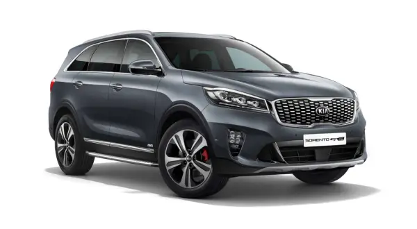 Grauer Kia Sorento 2.2 CRDi GT-Line mit AWD-Aufkleber. Mögliche Probleme mit dem 2.2 CRDi Motor werden hier nicht gezeigt.