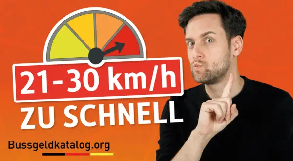 Mann warnt: 21 kmh zu schnell! Ein Tacho zeigt die Geschwindigkeitsüberschreitung an. Bussgeldkatalog.org.