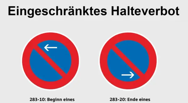 Zwei Verkehrszeichen: Beginn und Ende eines eingeschränkten Halteverbots. Wer hier parkt, riskiert eine Strafe.