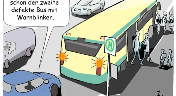 Ein gelber Bus mit Warnblinker hält an einer Bushaltestelle. Leute steigen ein. Ein Autofahrer fragt sich, ob man an Bushaltestellen halten darf.
