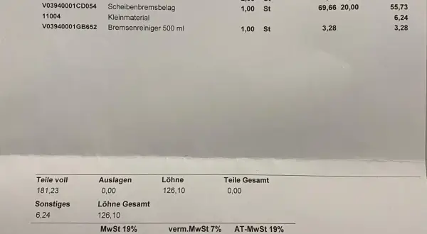 Rechnung für Bremsenwechsel bei Mercedes: Teile und Lohnkosten. Was kostet Bremsen wechseln bei Mercedes? Hier die Details.