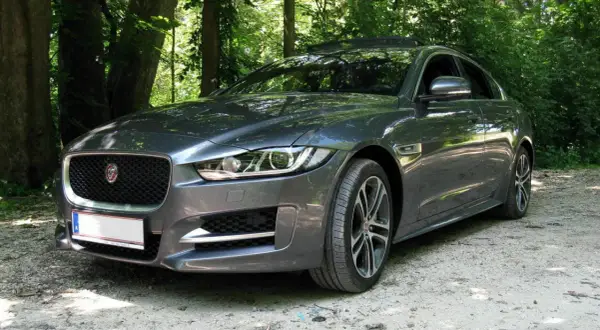 Grauer Jaguar XE im Wald. Trotz der schönen Kulisse gibt es einige Jaguar XE Probleme, die man bedenken sollte.