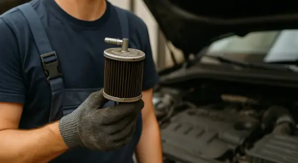 Mechaniker hält einen stark verschmutzten Kraftstofffilter in der Hand, der auf einen verstopften Kraftstofffilter hindeutet.