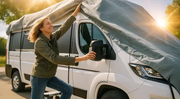 Frau schützt ihr Wohnmobil mit einer GFK-Abdeckung vor der Sonne.