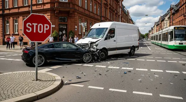 Unfall nach Vorfahrt genommen: Ein schwarzer Sportwagen und ein weißer Lieferwagen sind kollidiert. Trümmerteile liegen auf der Straße.