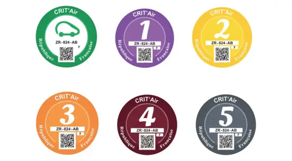 Sechs französische Umweltplaketten (Crit'Air) in verschiedenen Farben und mit Nummern von 1 bis 5, die die Luftverschmutzungsklasse anzeigen.