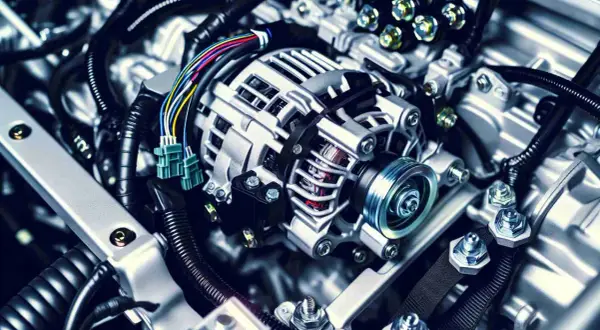 Detailaufnahme einer Lichtmaschine im Motorraum. Mögliche Ursachen für Probleme: Lichtmaschine defekt oder Batterie leer.