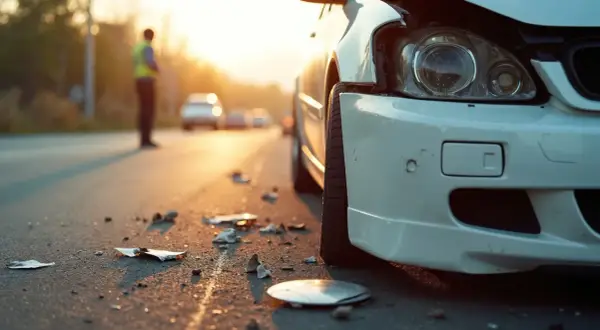 Beschädigtes Auto am Straßenrand, Trümmer auf dem Asphalt. Ein Mann in Warnweste steht im Hintergrund. Ein Albtraum für jeden Fahranfänger in der Probezeit.