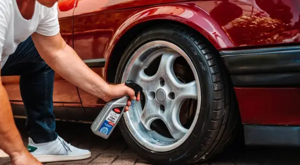Mann sprüht Felgenreiniger auf ein glänzendes Rad eines roten Autos. Die Felgen reinigen wird so zum Kinderspiel.
