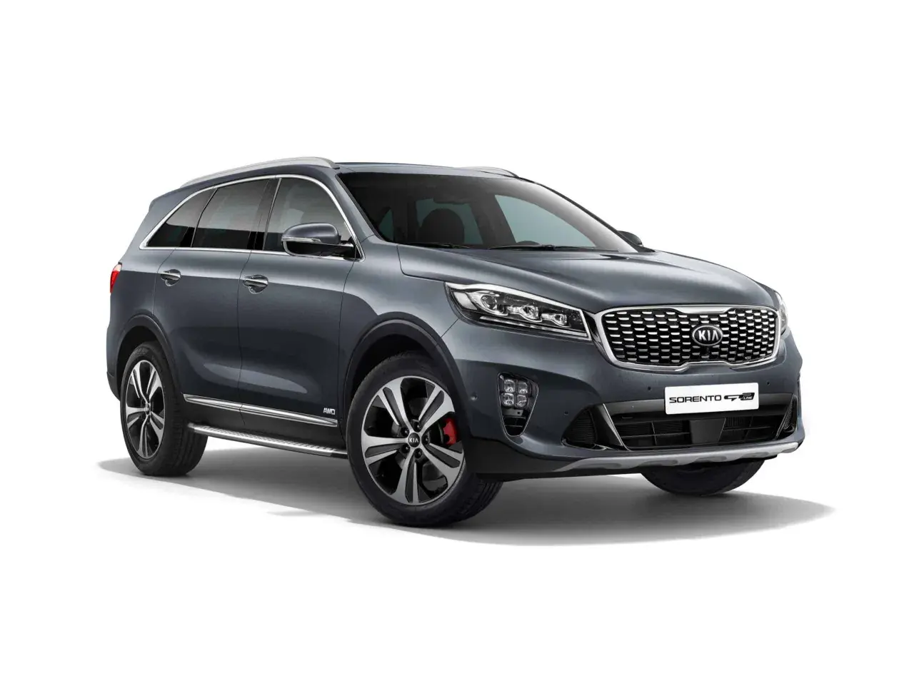 Grauer Kia Sorento 2.2 CRDi GT-Line mit AWD-Aufkleber. Mögliche Probleme mit dem 2.2 CRDi Motor werden hier nicht gezeigt.