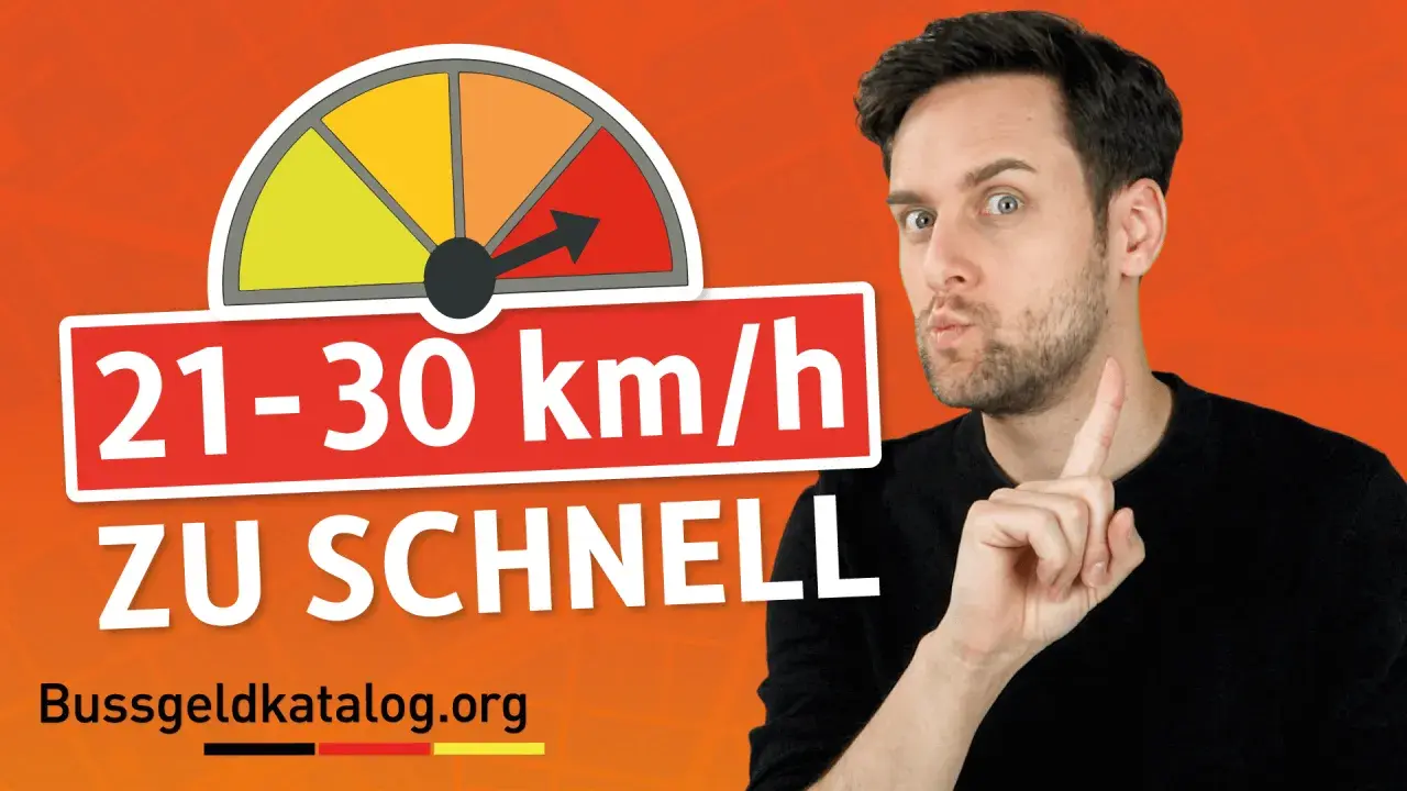 Mann warnt: 21 kmh zu schnell! Ein Tacho zeigt die Geschwindigkeitsüberschreitung an. Bussgeldkatalog.org.