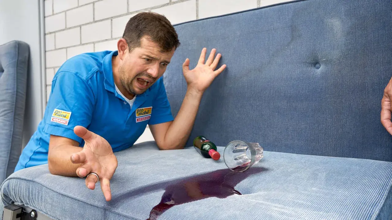 Mann mit verzweifeltem Gesichtsausdruck, der versucht, Rotwein auf einem Wohnwagenpolster zu reinigen.