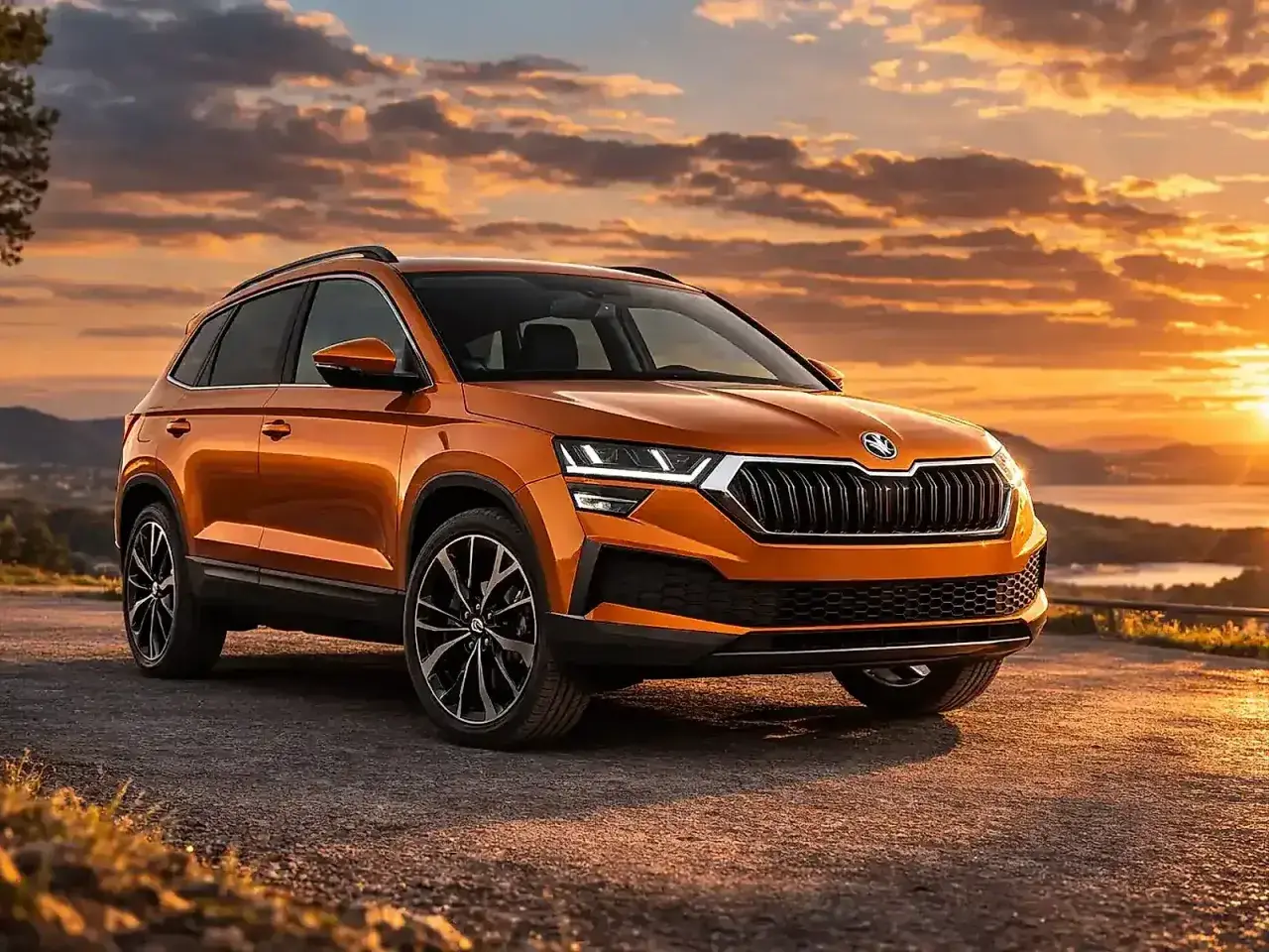 Orange Skoda Karoq 1.5 TSI SUV bei Sonnenuntergang. Trotz der schönen Kulisse gibt es Berichte über Skoda Karoq 1.5 TSI Probleme.