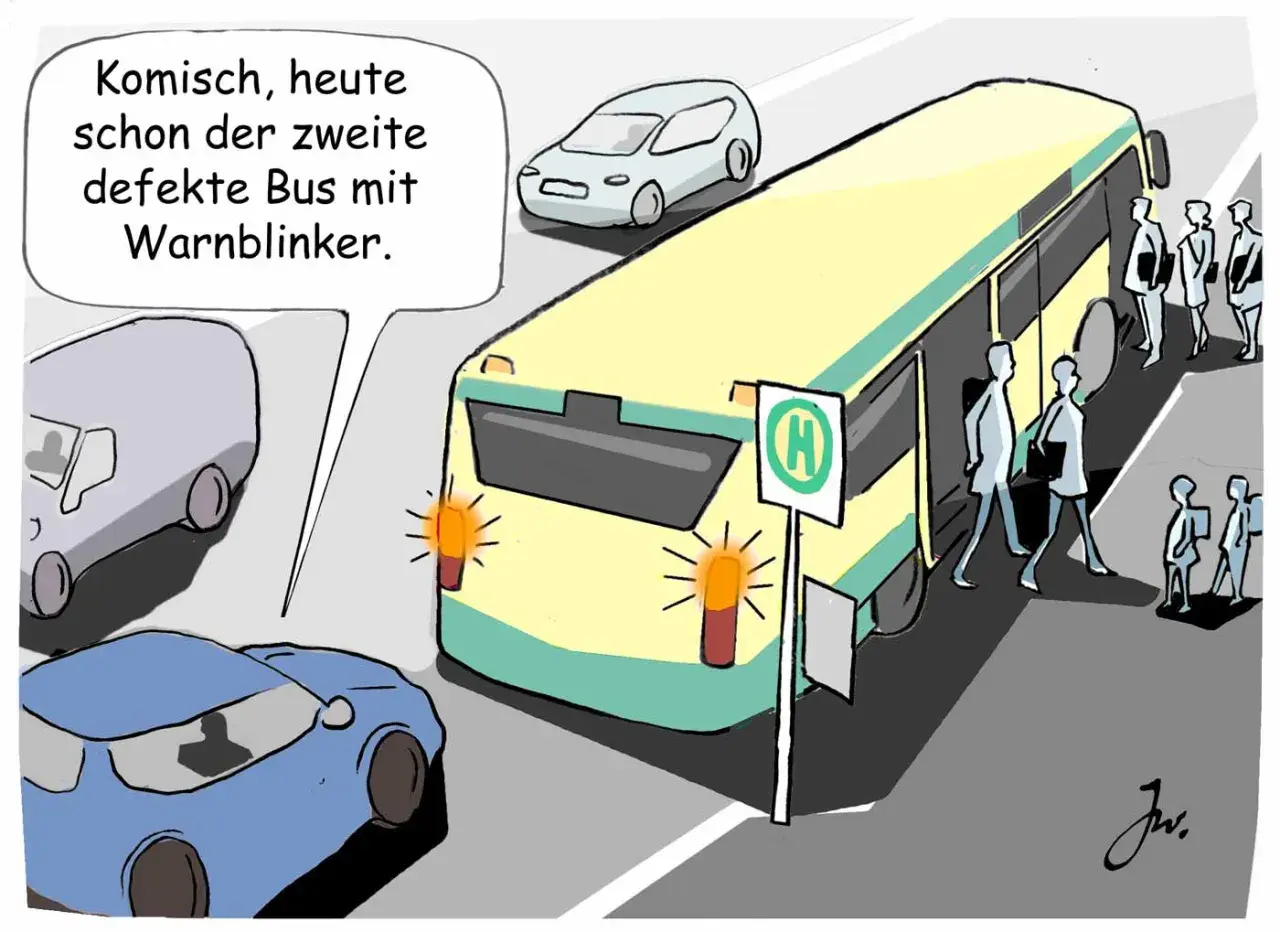 Ein gelber Bus mit Warnblinker hält an einer Bushaltestelle. Leute steigen ein. Ein Autofahrer fragt sich, ob man an Bushaltestellen halten darf.