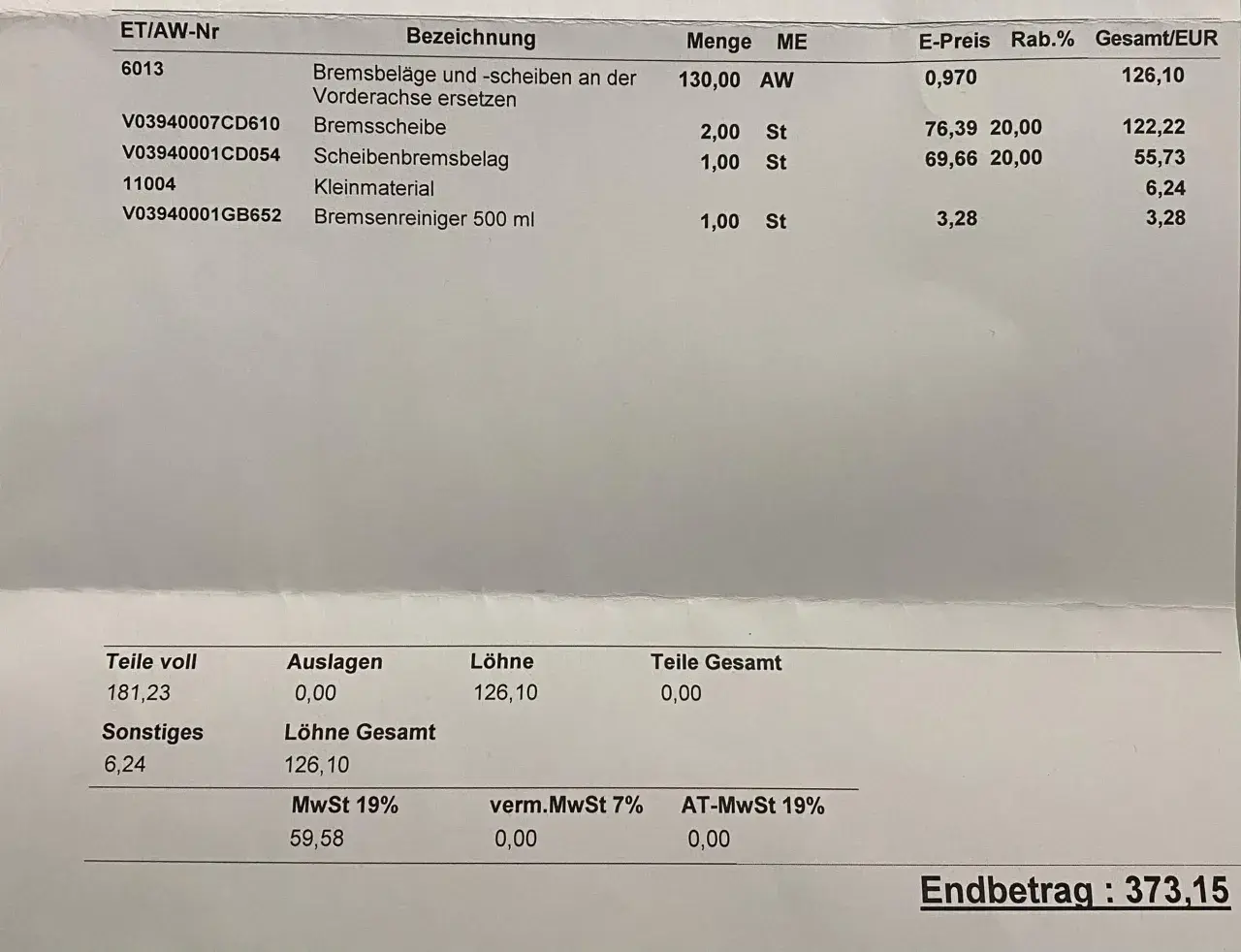 Rechnung für Bremsenwechsel bei Mercedes: Teile und Lohnkosten. Was kostet Bremsen wechseln bei Mercedes? Hier die Details.