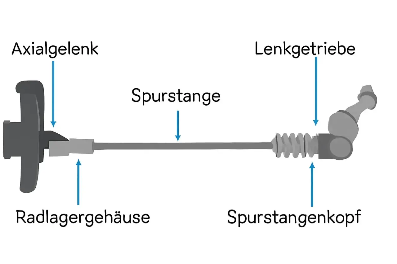 Schema der Lenkung: Axialgelenk, Radlagergehäuse, Spurstange, Lenkgetriebe, Spurstangenkopf. Defekt am Spurstangenkopf kann Symptome wie Spiel in der Lenkung verursachen.